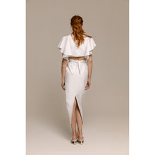 Load image into Gallery viewer, Peacock Bolero with Frill, Blush Pencil Skirt